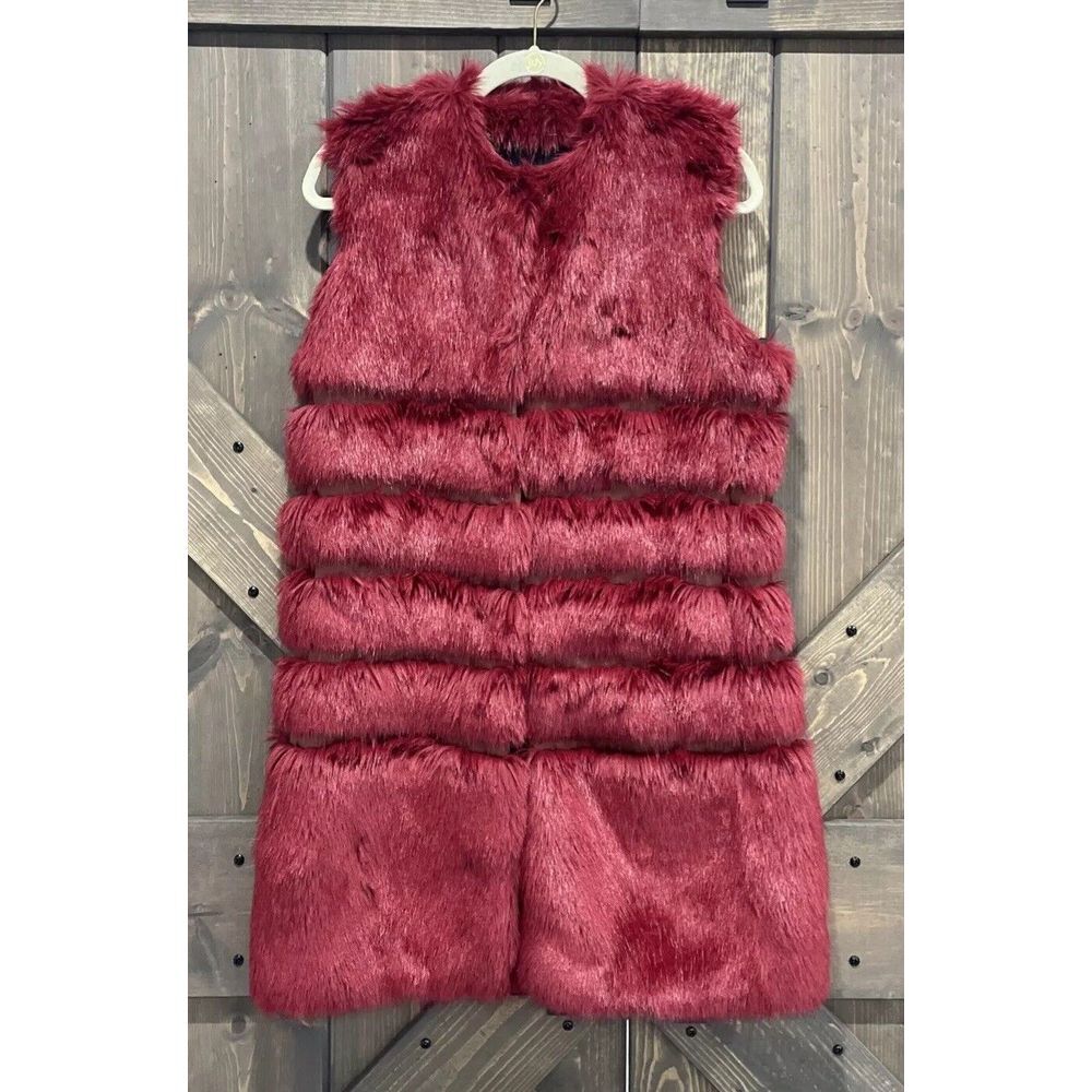 AINEA Red Faux Fur Dark Red Mid Length Vest Women's Size 42 Made In Italy